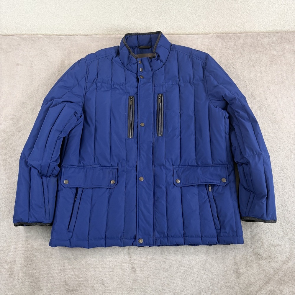Cole Haan NYC Down Fill Puffer Jacket in Blue Men XL Lambskin Trim Full Zip $249